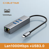 Premium USB C to RJ45+USB3.0x3 HUB, 3 Ports + Gigabit Ethernet(Support 10/100/1000Mbps), Super Speed Data transmission 5Gbps, With LED light, Space Grey Aluminum Shell